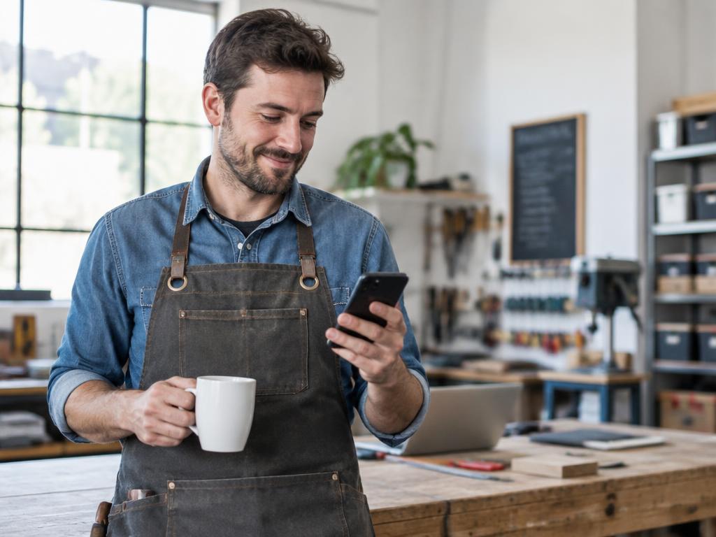 Artigiano nel suo laboratorio con lo smartphone